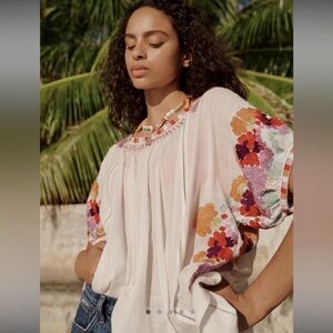 Anthropologie Embroidered Peasant Blouse | Floral Boho Top | Size M